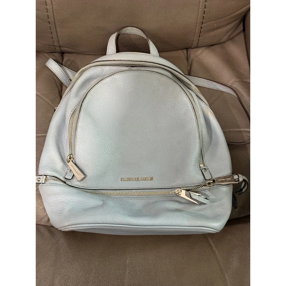 Michael Kors Pale Blue Leather Backpack Double Zip Front‎ Pocket